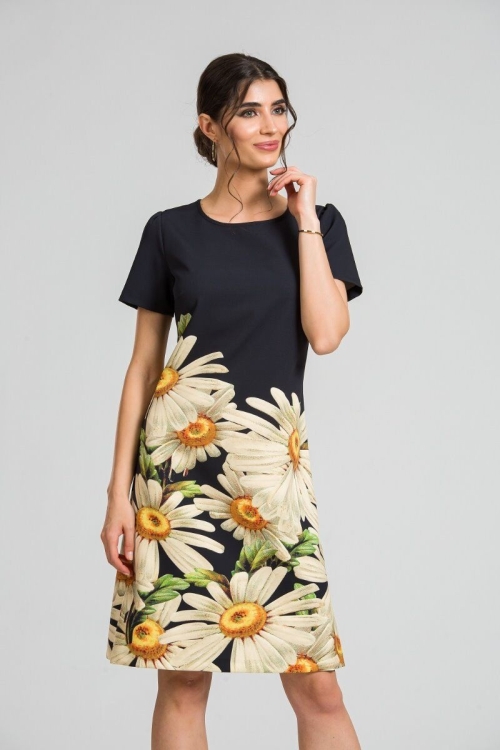 Rochie neagra evazata imprimata digital Margarete CMD81