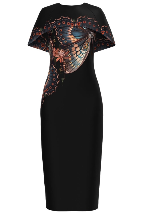 Rochie neagra lunga cu capa detasabila imprimata fluturi CMD4861 - Img 1
