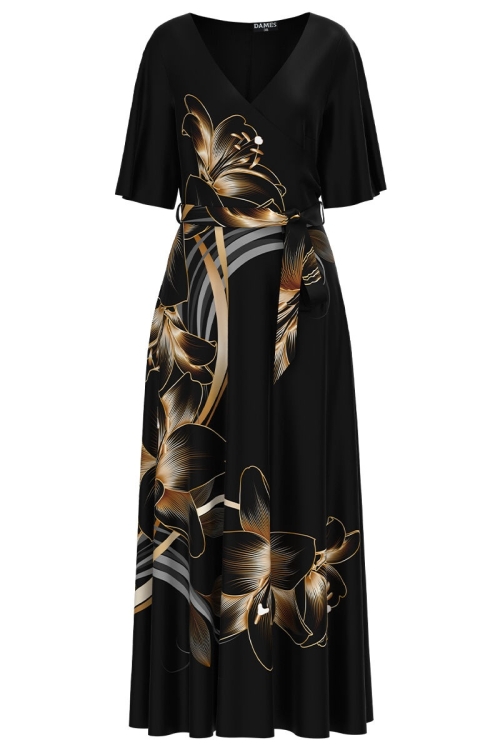 Rochie neagra lunga eleganta de seara imprimata digital cu model Crini CMD1066 - Img 2