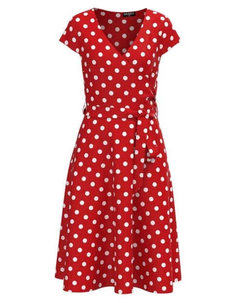 Rochie rosie casual de vara cu maneca scurta imprimata cu model Buline CMD2829