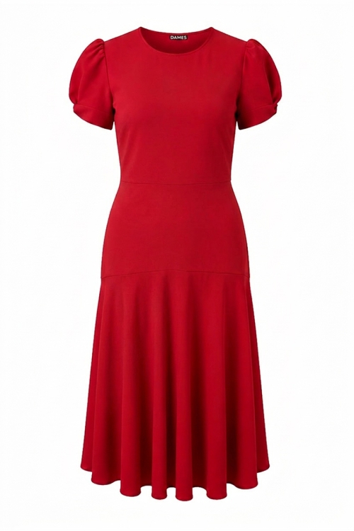 Rochie rosie din vascoza premium cu volan la terminatie