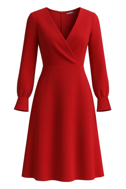 Rochie rosie eleganta cu bust petrecut si maneca lunga