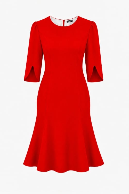 Rochie rosie in clini cu maneca asimetrica