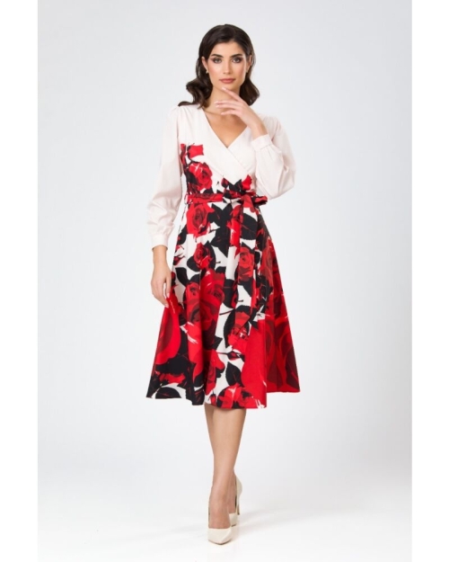 Rochie roz pal eleganta cu maneca lunga imprimata trandafiri - Img 4