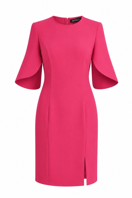 Rochie roz trandafiriu eleganta cu maneci asimetrice si slit pe picior