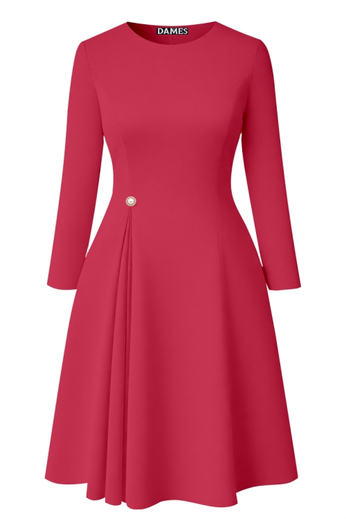 Rochie roz trandafiriu eleganta cu pliuri si nasture bijuterie