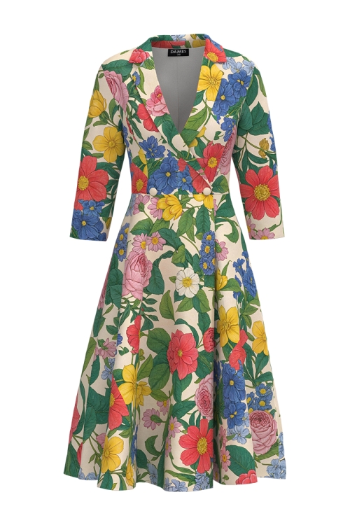 Rochie tip pardesiu petrecuta cu imprimeu floral pastelat si buzunare