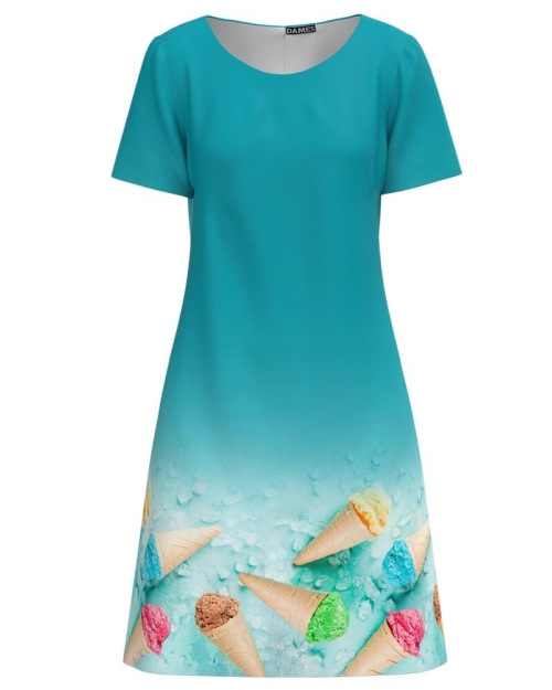Rochie turcoaz evazata imprimata cu model Inghetata CMD4419 - Img 1