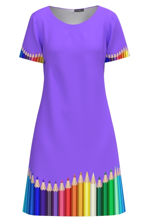 Rochie violet casual de vara cu maneca scurta Creioane colorate