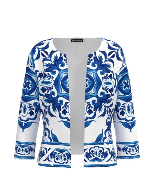 Sacou alb cambrat imprimat cu model albastru CMD2965 - Img 1