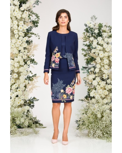 Sacou bleumarin cambrat imprimat cu model floral in contrast CMD3006 - Img 6