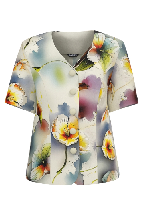 Sacou cambrat cu maneca scurta imprimat floral pastel