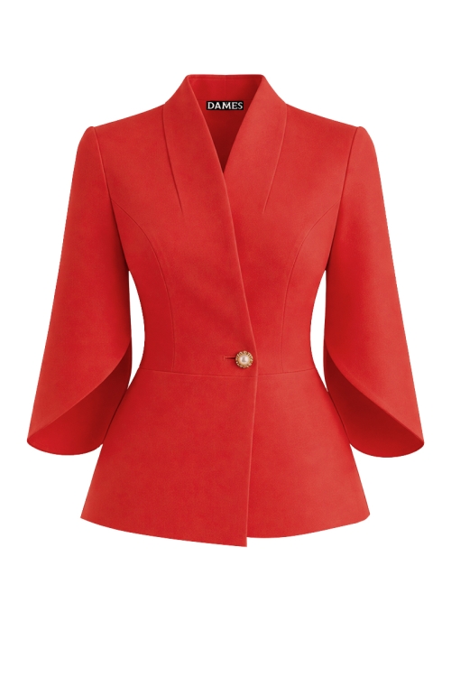 Sacou corai elegant cu maneci trei sferturi asimetrice