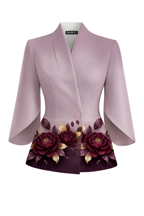 Sacou elegant mov pudrat cu maneci trei sferturi asimetrice imprimat floral