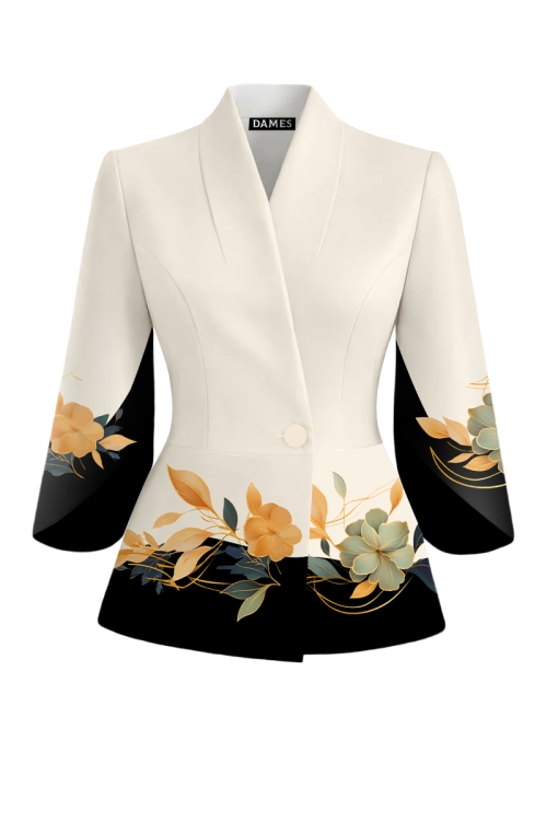 Sacou ivory elegant cu maneci trei sferturi asimetrice imprimat Camelii