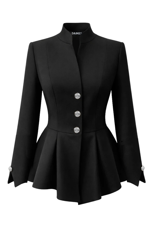 Sacou premium negru cambrat cu guler inalt si maneca despicata