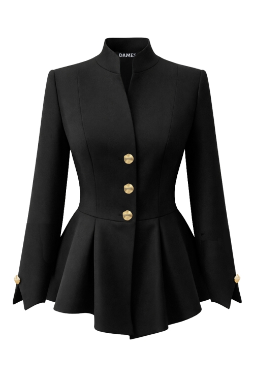 Sacou premium negru cambrat cu guler inalt si maneca despicata