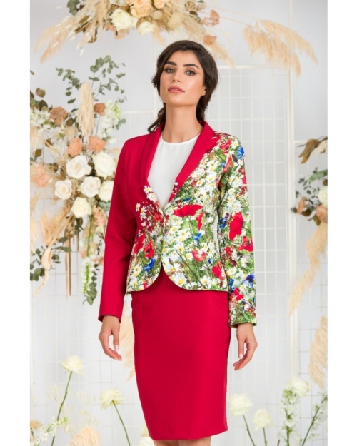 Sacou rosu cambrat imprimat digital Flori de camp CMD472 - Img 3