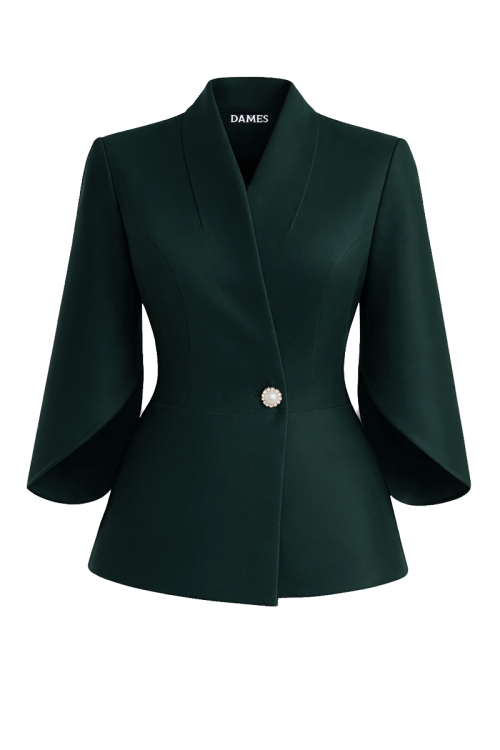 Sacou verde elegant cu maneci trei sferturi asimetrice
