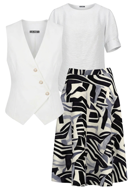 Set cu vesta alba, bluza din vascoza si fusta clos imprimata abstract