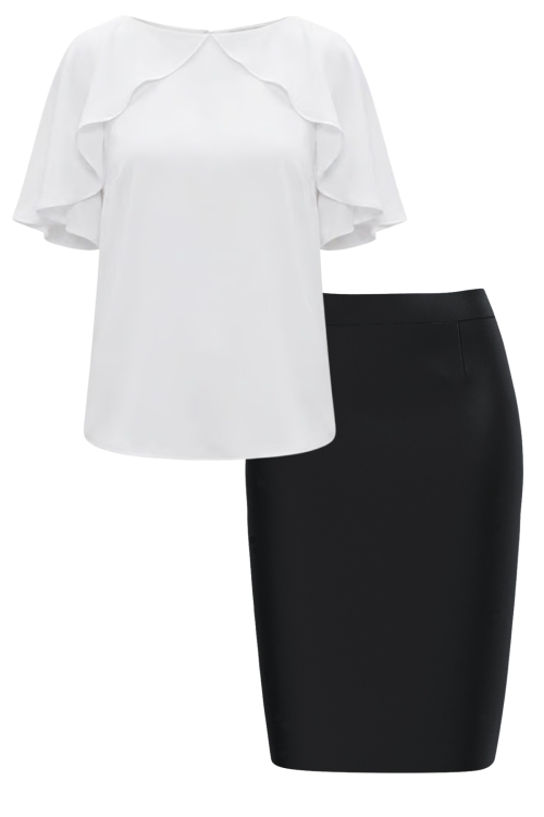 Set dama bluza alba din vascoza si fusta conica neagra