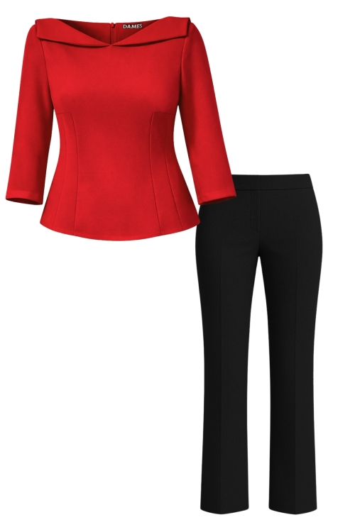 Set dama premium bluza rosie si pantalon drept negru