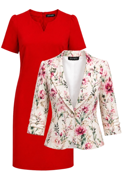 Set dama sacou cu maneca incretita si rochie rosie cu decupaj in V