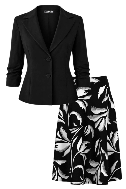Set dama sacou negru cu maneca incretita si fusta de vara neagra cu imprimeu floral