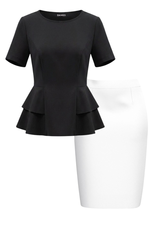 Set elegant bluza neagra cu volane laterale si fusta conica alba