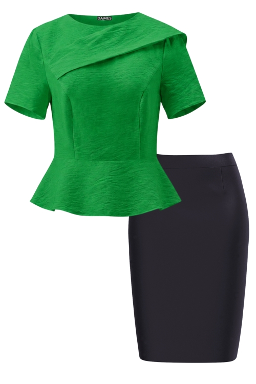 Set elegant bluza verde cu detaliu si fusta conica neagra