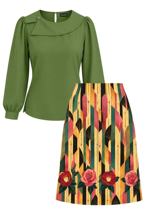 Set elegant bluza verde din vascoza cu guler asimetric si fusta in A din velur cu imprimeu Mozaic Floral