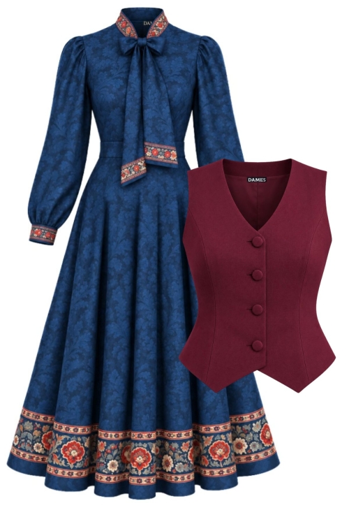 Set elegant rochie albastru inchis cu guler esarfa si vesta bordo eleganta