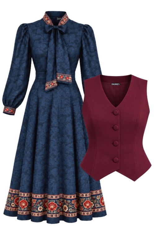 Set elegant rochie albastru inchis cu guler esarfa si vesta bordo eleganta