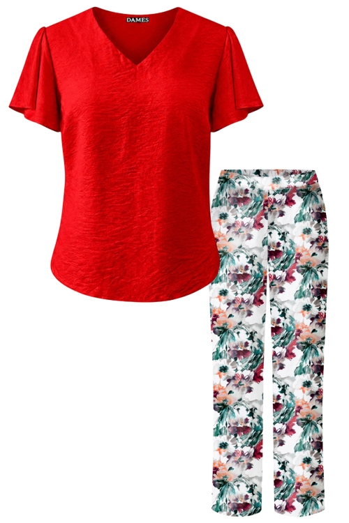 Set pantalon drept Flori Pictate si bluza rosie cu maneci despicate