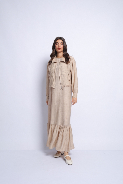Set rochie lunga bej fara maneci si jacheta din rayon - Img 3