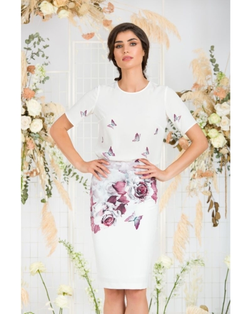 Bluza alba cu maneca scurta de vara imprimata flori si fluturi CMD748 - Img 1