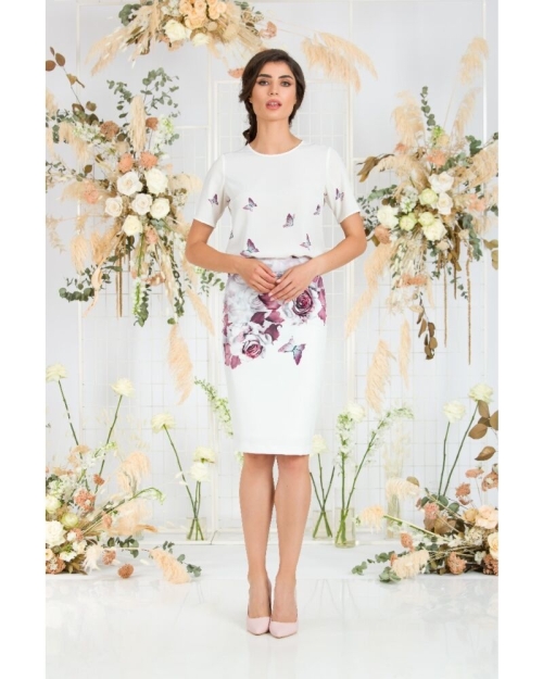Bluza alba cu maneca scurta de vara imprimata flori si fluturi CMD748 - Img 2