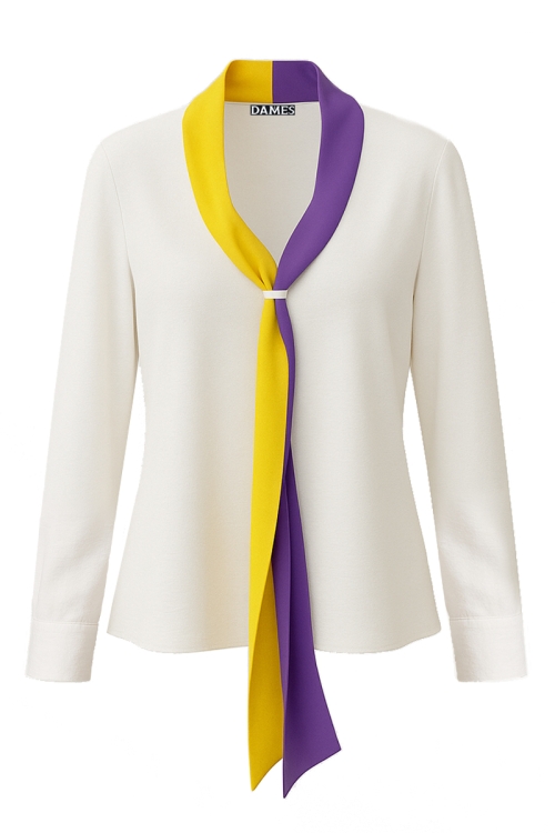 Bluza alba din vascoza cu guler galben & mov tip esarfa