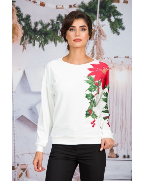 Bluza alba tip hanorac din catifea cu imprimeu Poinsettia CMD1623 - Img 3