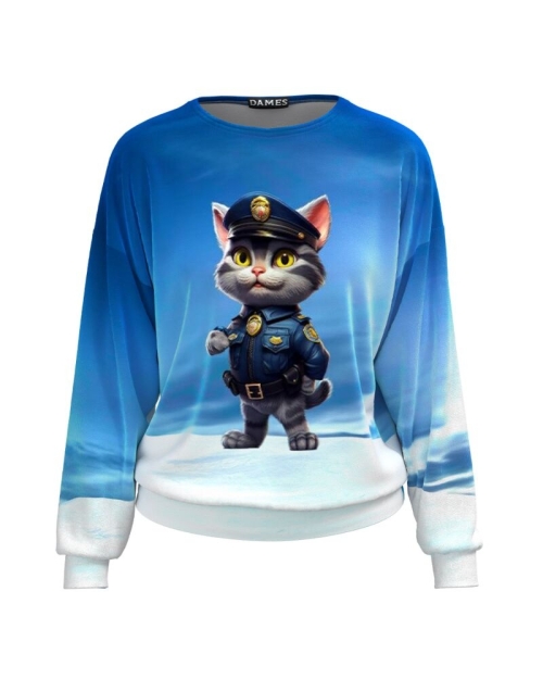 Bluza albastra tip hanorac din catifea cu imprimeu Pisica CMD4931 - Img 1