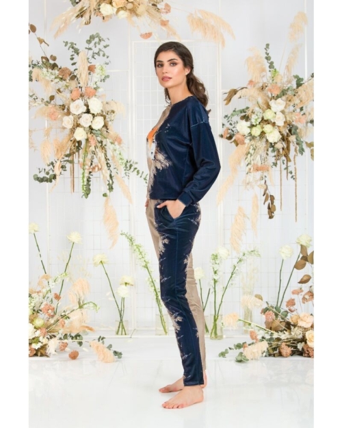 Bluza bej cu bleumarin tip hanorac din catifea CMD429 - Img 4