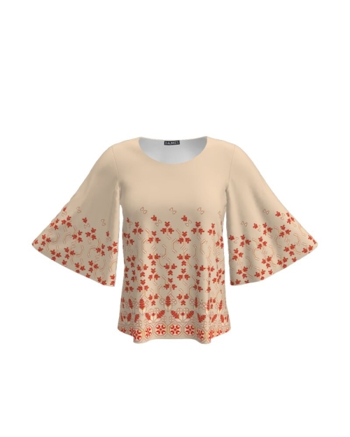 Bluza bej cu maneci tip fluture imprimata cu motive traditionale CMD2977