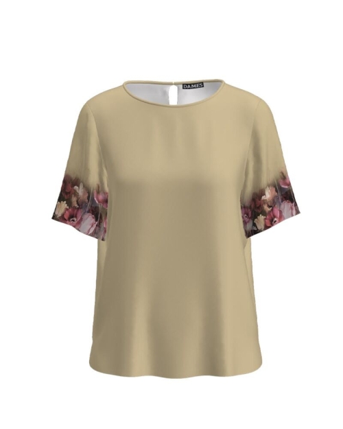 Bluza bej de vara cu maneca scurta si imprimeu floral CMD1146