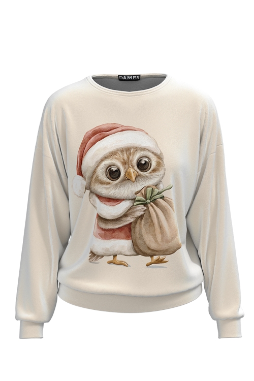 Bluza bej tip hanorac din catifea cu imprimeu Bufnita