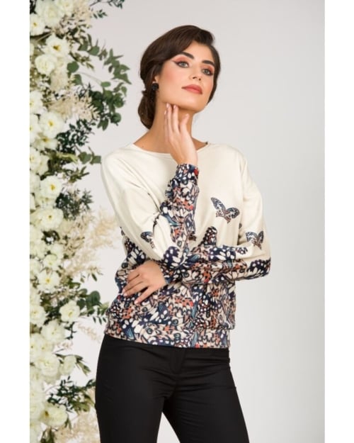 Bluza bej tip hanorac din catifea cu imprimeu fluturi CMD1704 - Img 4