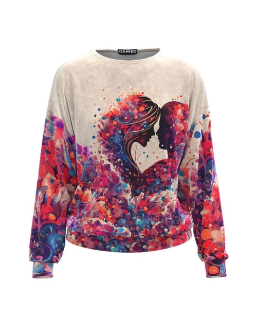 Bluza bej tip hanorac din catifea cu imprimeu Love CMD3854