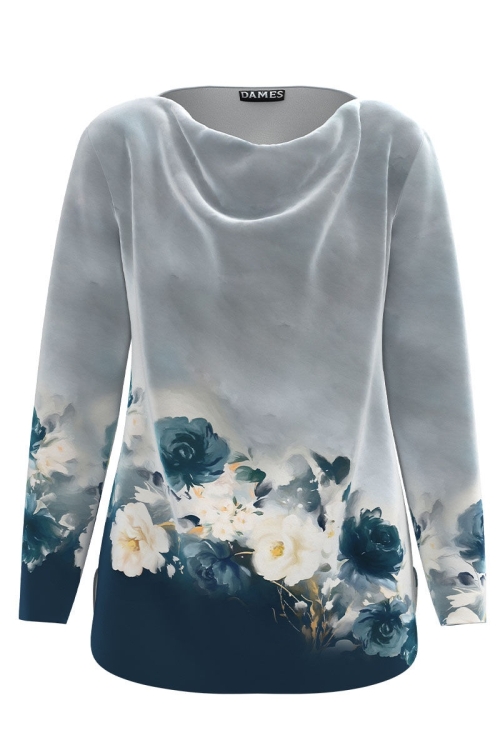 Bluza bleumarin in degrade din catifea cu imprimeu floral CMD4735