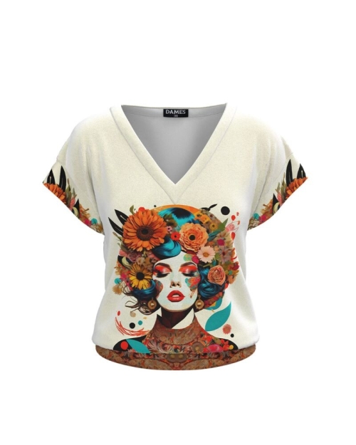Bluza crem din catifea cu decolteu in V imprimata fashion SS24