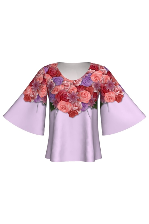 Bluză cu mâneci tip fluture imprimată digital Flowers Purple A845I36 - Img 2