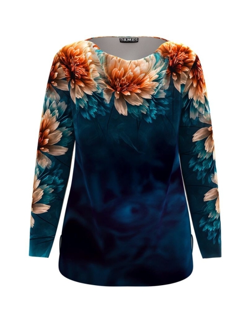 Bluza in nuante de bleumarin din catifea cu imprimeu floral CMD4731